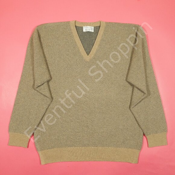 Scott & Charters Bob Hope Classic Cashmere V Neck Herringbone Sweater Brown XL - Picture 2 of 5